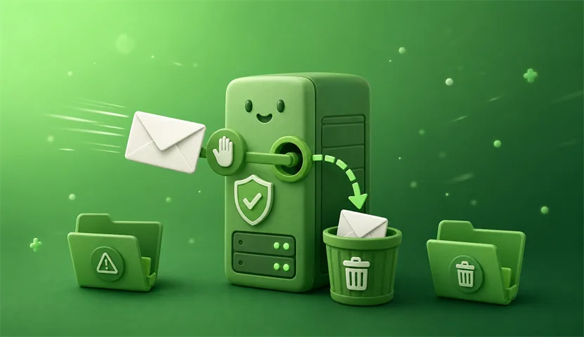 A blocked sender's message being deleted on arrival at Yahoo, with no copy kept in Spam or Trash
